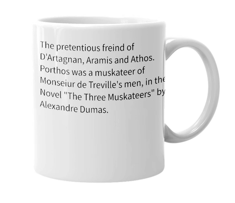 White mug with the definition of 'Porthos'