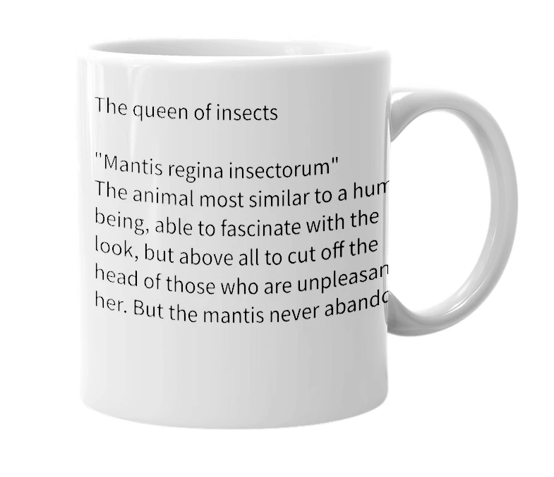 White mug with the definition of 'Mantis'