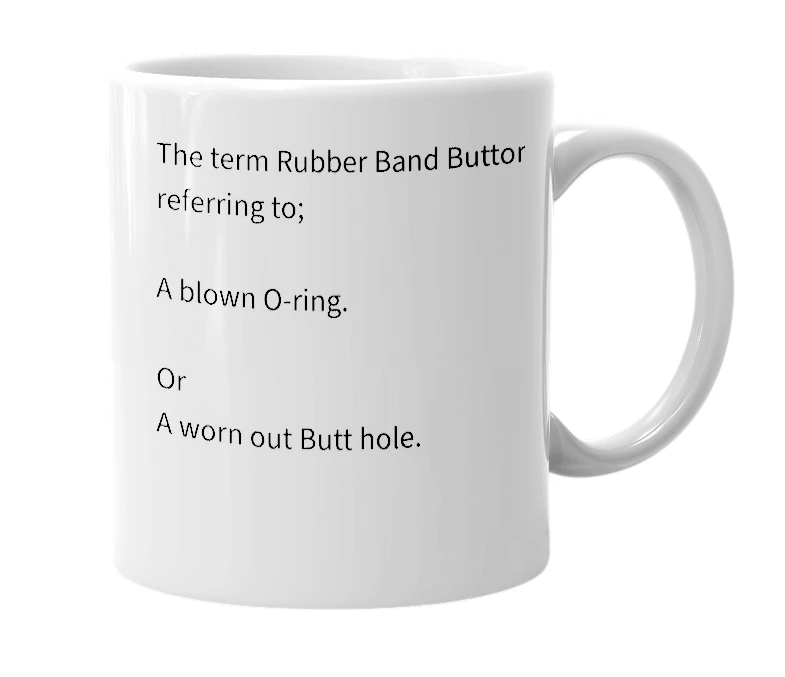 White mug with the definition of 'Rubber Band Button'