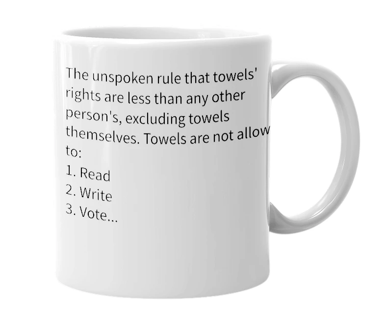 White mug with the definition of 'towel law'
