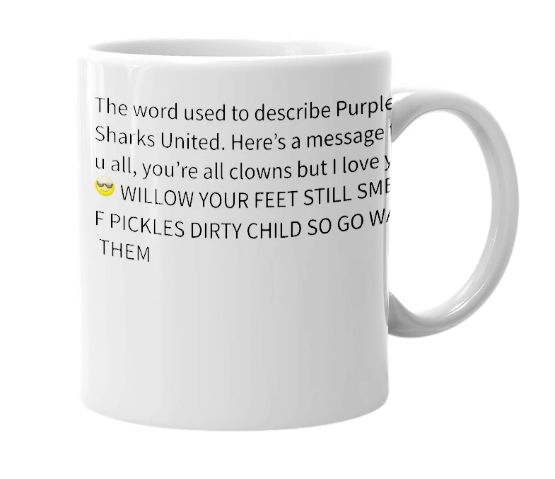White mug with the definition of 'Clownery'