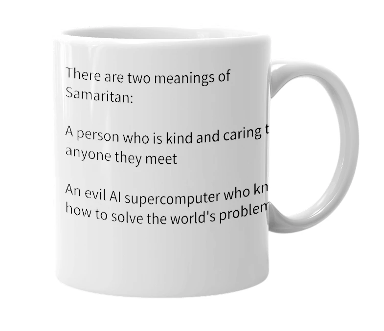 White mug with the definition of 'Samaritan'