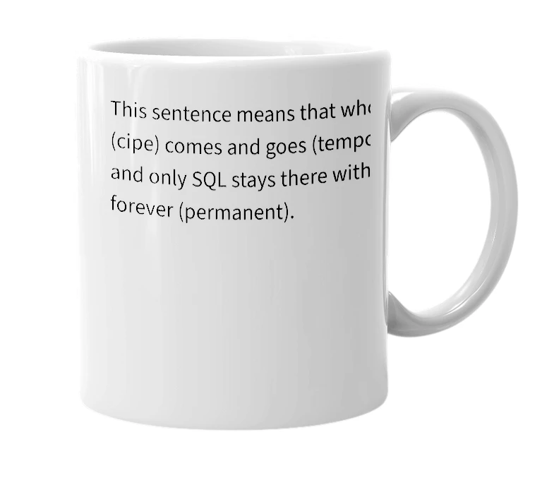 White mug with the definition of 'Cipe so temporary samo SQL je permanent'