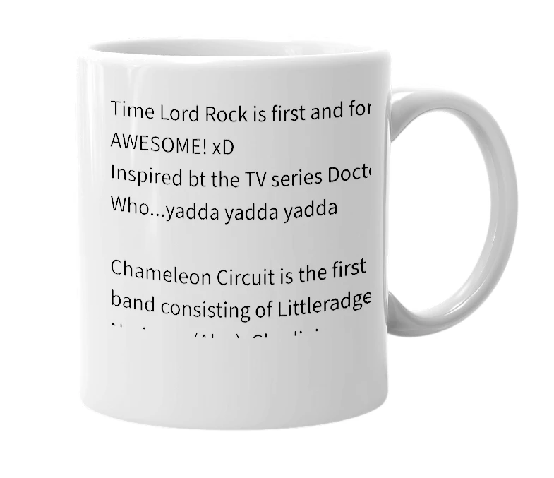 White mug with the definition of 'Time Lord Rock'