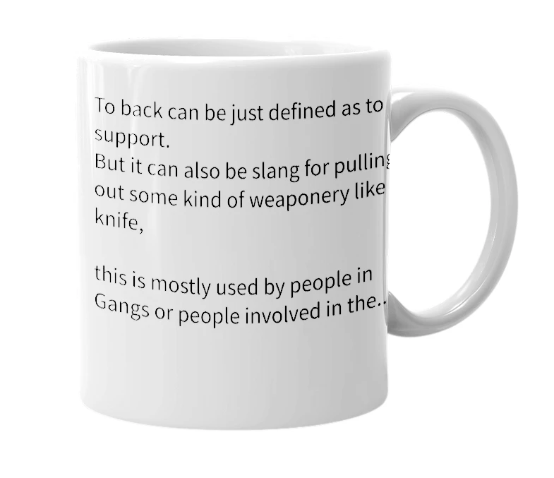 White mug with the definition of 'to back'