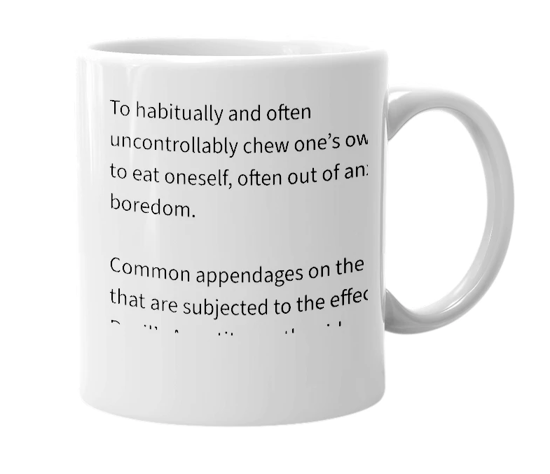 White mug with the definition of 'Devil’s Appetite'
