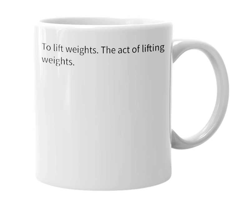White mug with the definition of 'Throwing the weights around'