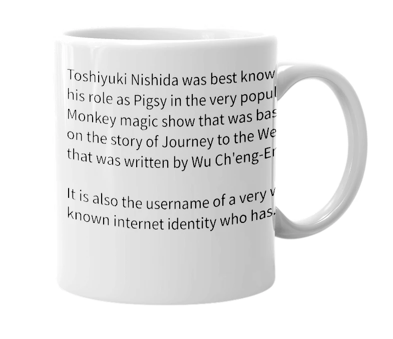White mug with the definition of 'Toshiyuki Nishida'
