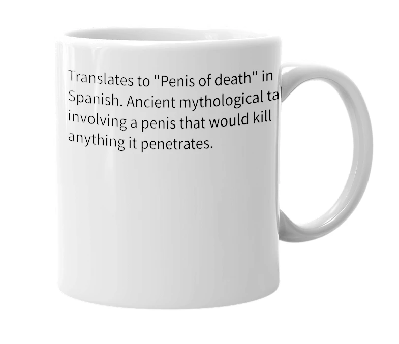 White mug with the definition of 'Pene de Muerte'