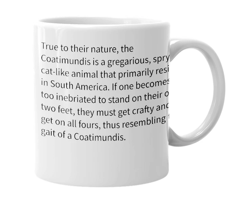 White mug with the definition of 'Drunken Coatimundis'