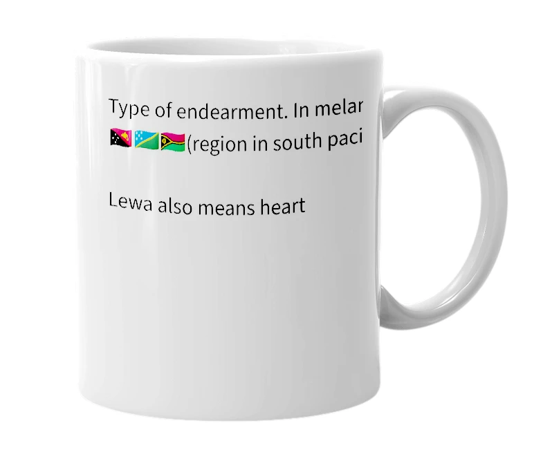 White mug with the definition of 'Lewa'