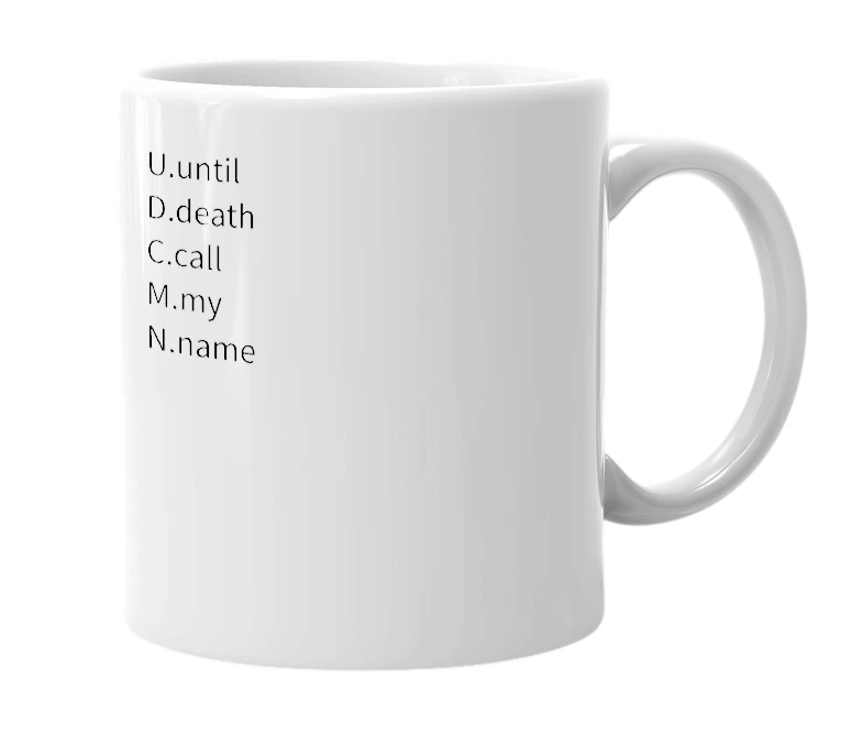 White mug with the definition of 'udcmn'
