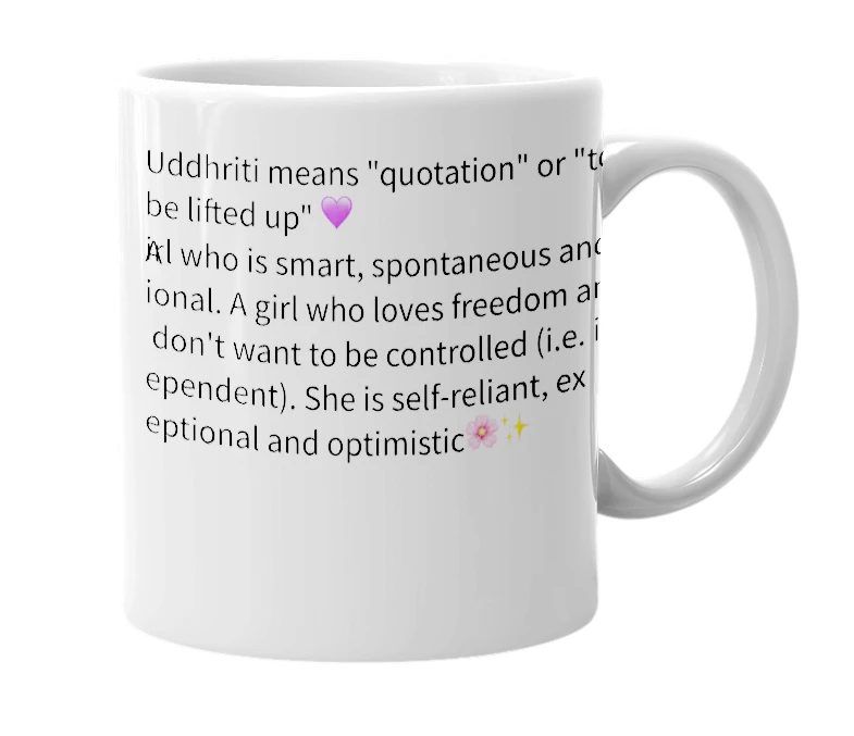 White mug with the definition of 'Uddhriti'