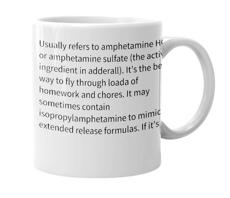 White mug with the definition of 'Adderall powder'