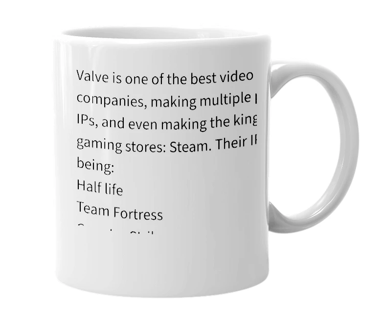 White mug with the definition of 'Valve Corporation'
