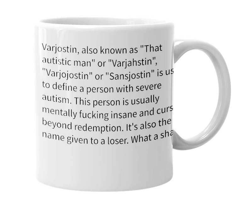 White mug with the definition of 'Varjostin'