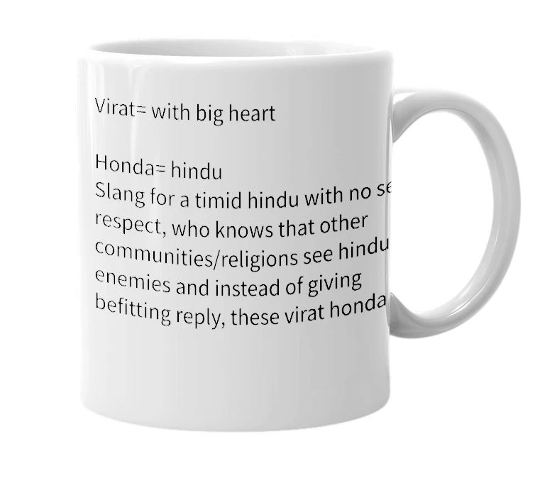 White mug with the definition of 'Virat Honda'