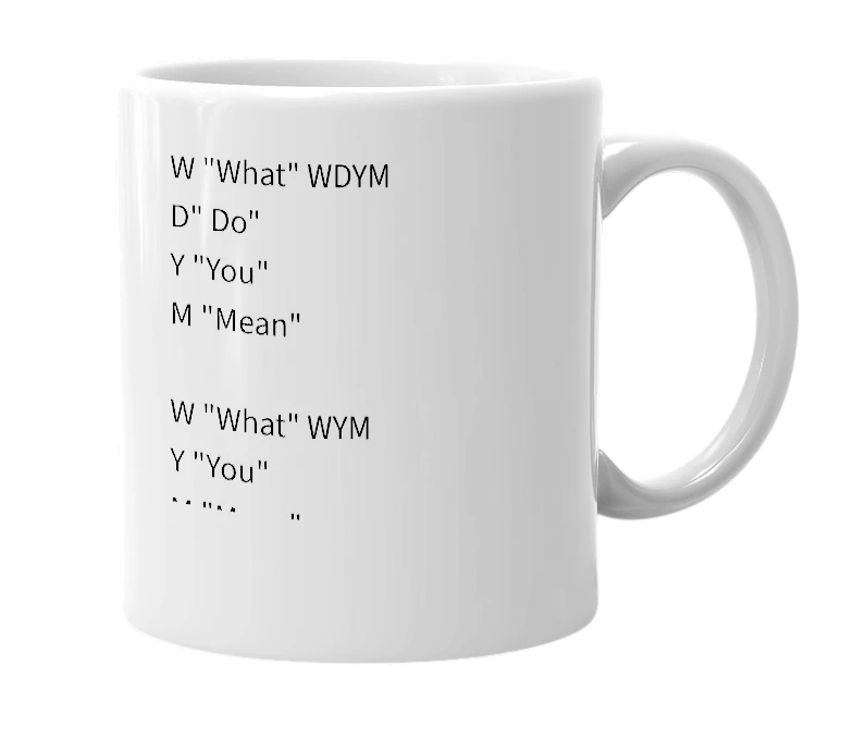 White mug with the definition of 'Wym/Wdym'