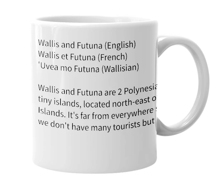 White mug with the definition of 'Wallis and Futuna'
