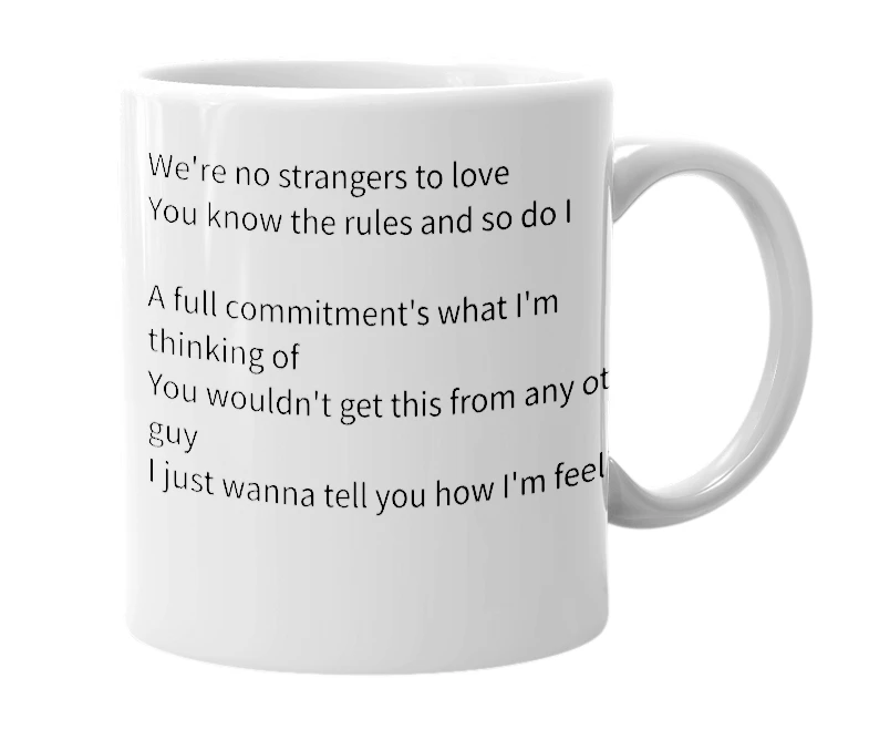 White mug with the definition of 'Rick Rolled'