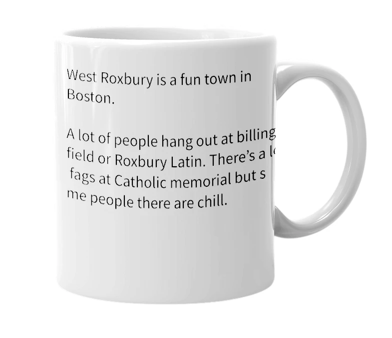 White mug with the definition of 'West Roxbury'