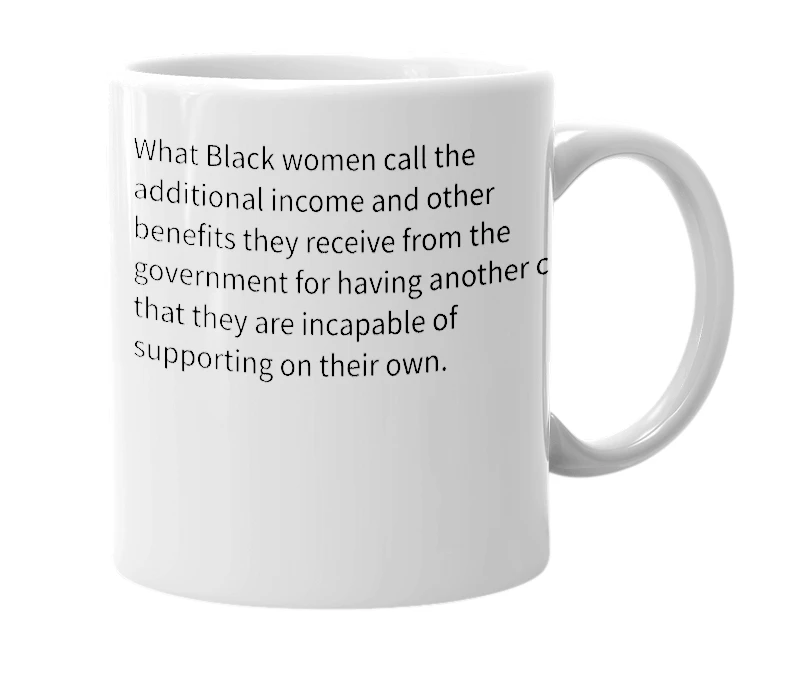 White mug with the definition of 'getting a raise'