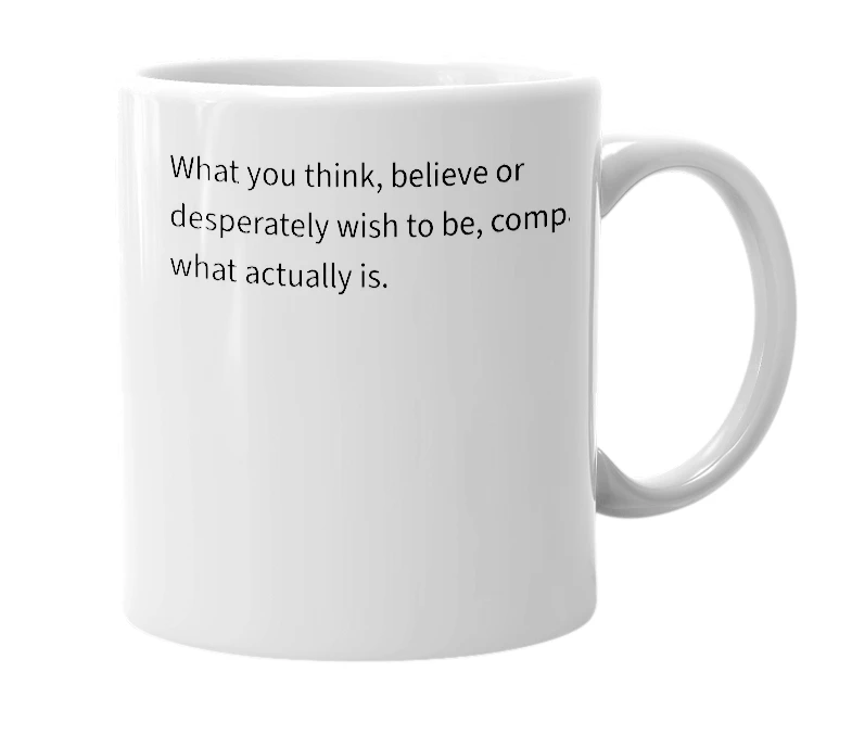 White mug with the definition of 'Real versus Reality'