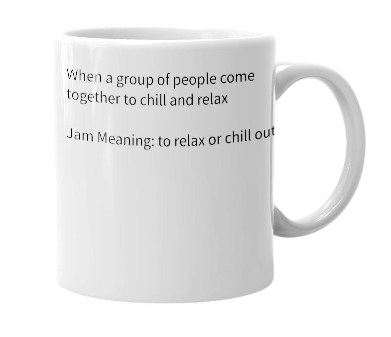 White mug with the definition of 'Jam'