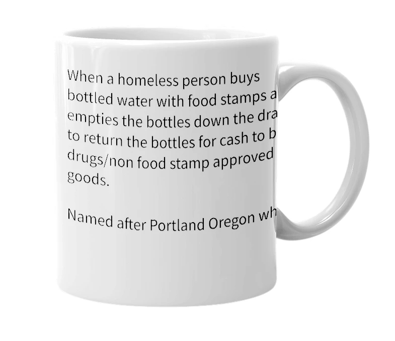 White mug with the definition of 'Portland Water Donation'