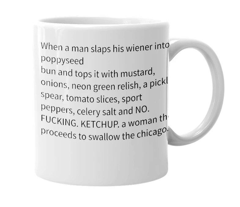 White mug with the definition of 'Chicago Style'