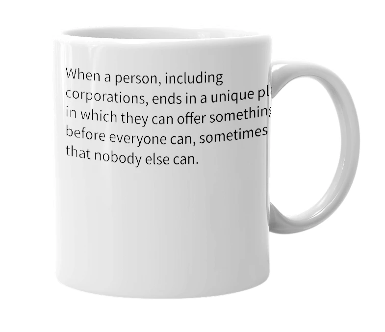 White mug with the definition of 'cornered market'