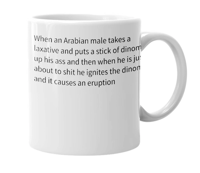 White mug with the definition of 'Arabian volcano'