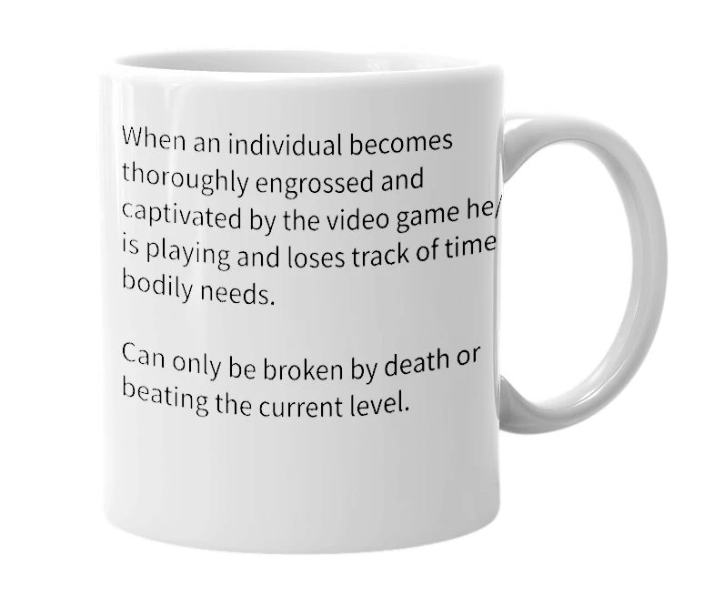 White mug with the definition of 'Game Stupor'