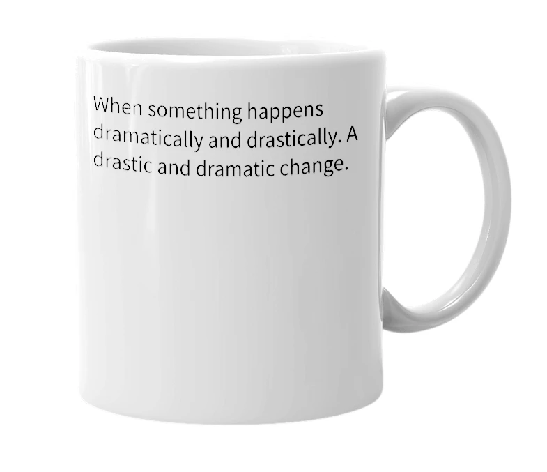 White mug with the definition of 'dramastically'