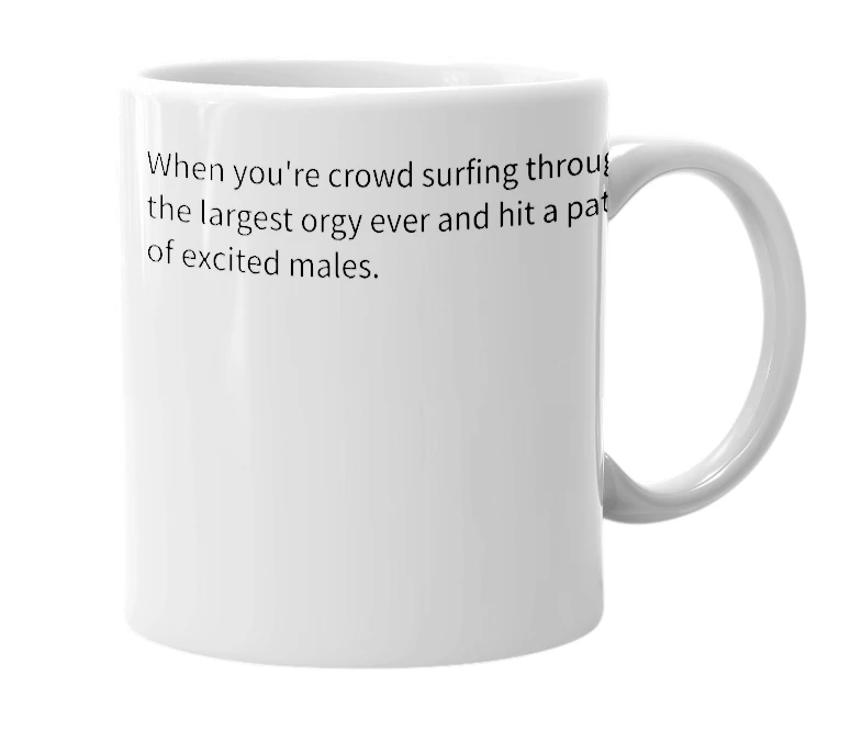 White mug with the definition of 'Crowd surfing through, "punji sticks"'