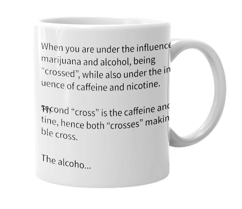 White mug with the definition of 'Double-Crossed'