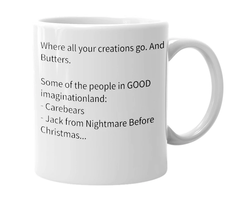 White mug with the definition of 'imaginationland'