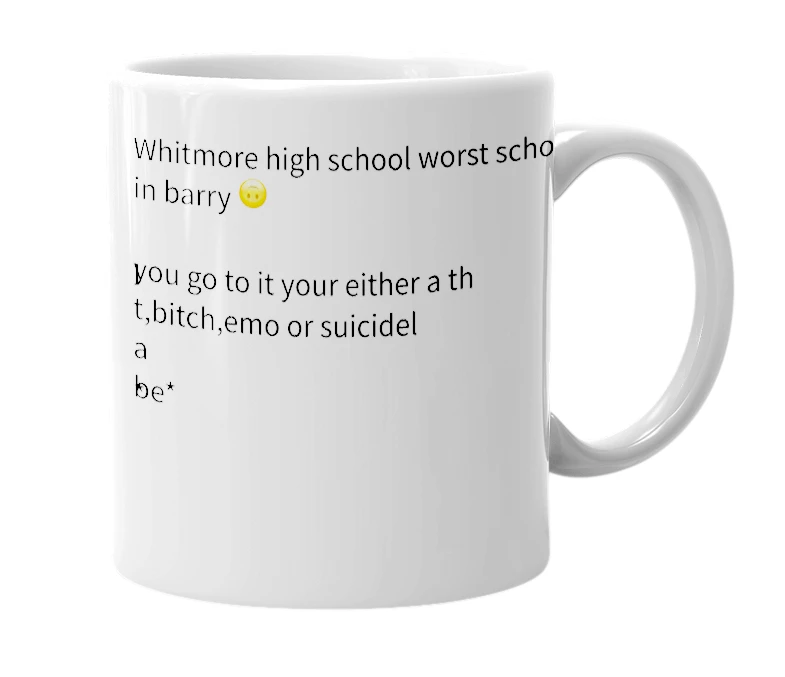 White mug with the definition of 'whitmore high school'