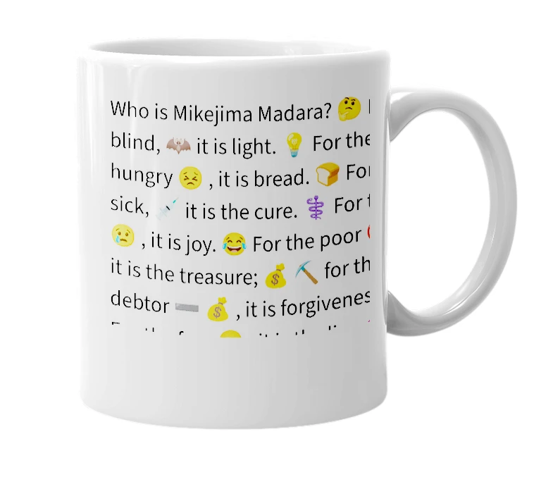 White mug with the definition of 'Madara Mikejima'