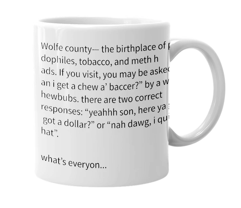 White mug with the definition of 'wolfe county, KY'