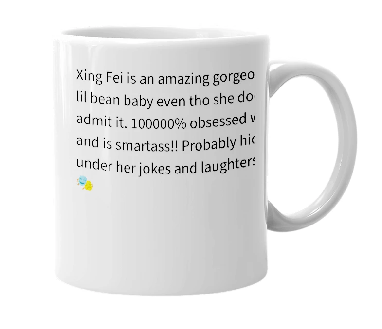 White mug with the definition of 'Xing fei'