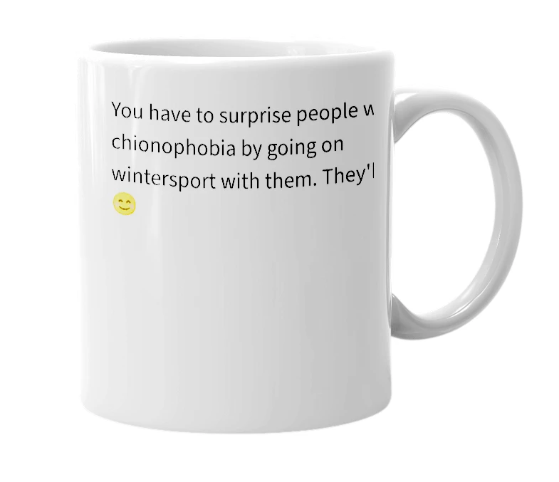 White mug with the definition of 'chionophobia'