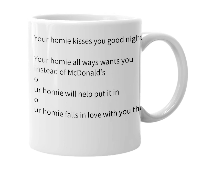 White mug with the definition of 'Mii homie'