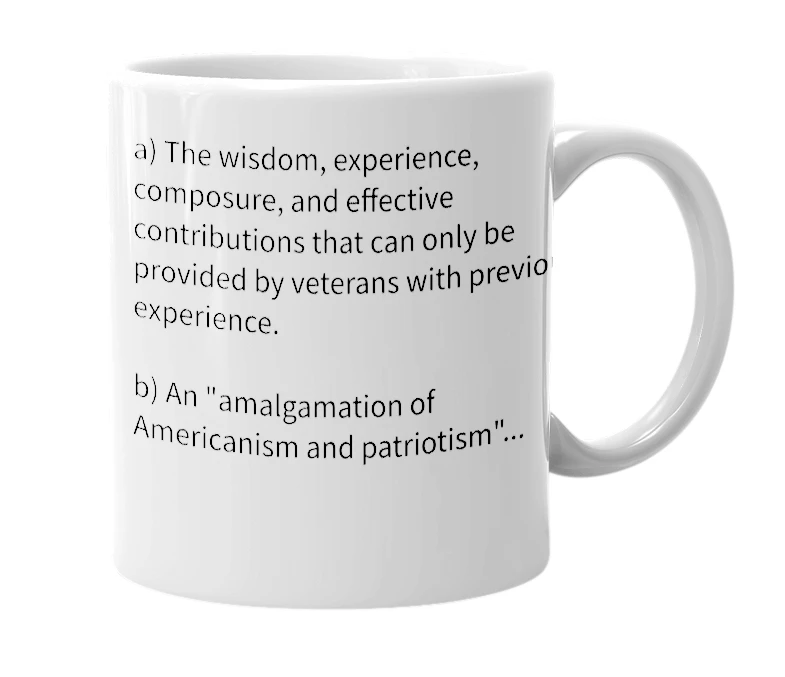 White mug with the definition of 'veteranism'