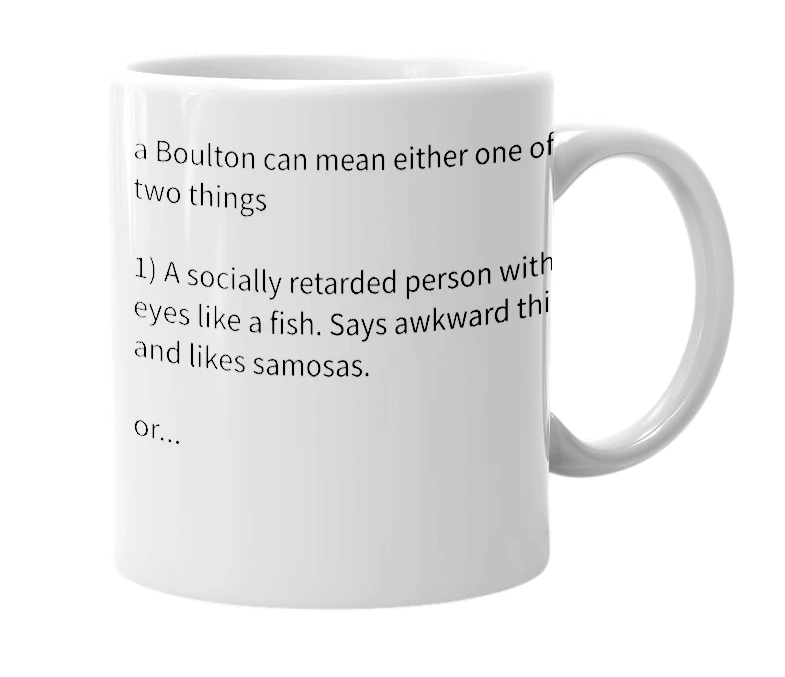 White mug with the definition of 'Boulton'