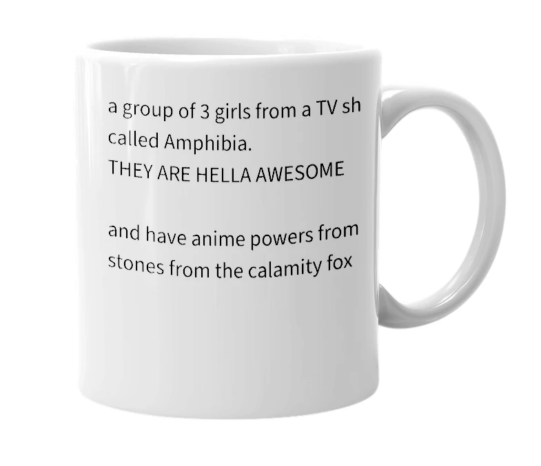 White mug with the definition of 'calamity trio'