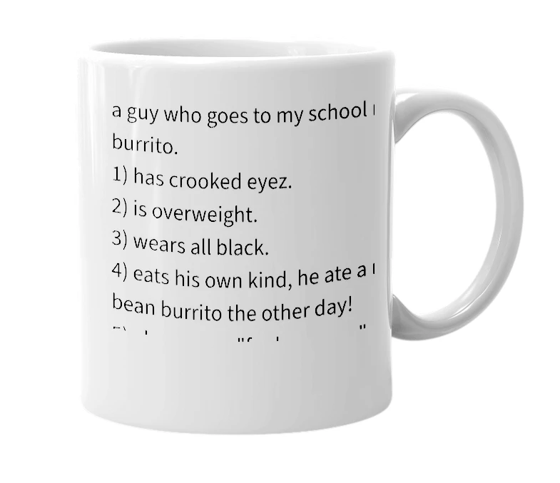 White mug with the definition of 'burrito'