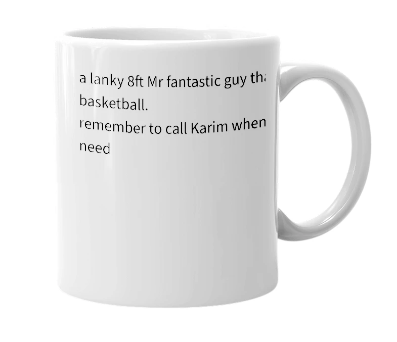 White mug with the definition of 'karim rafique'