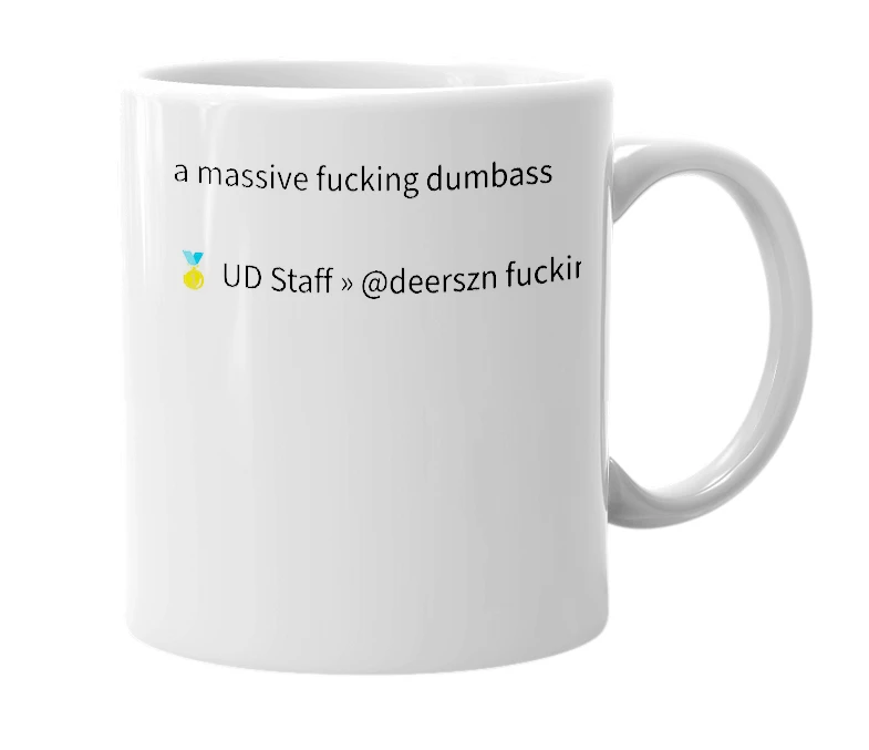 White mug with the definition of '🥇 UD Staff » @deerszn'