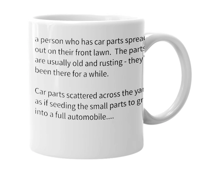White mug with the definition of 'car-farmer'